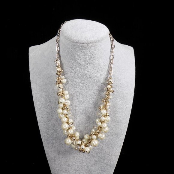 Vintage The Limited Faux White Pearl Shaky Necklace Two-Tone Clear Crystal Beads - Picture 1 of 9